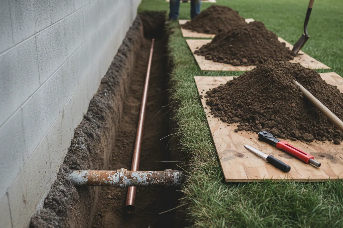 Excavated water line trench during Sewer Line Repair in Truro